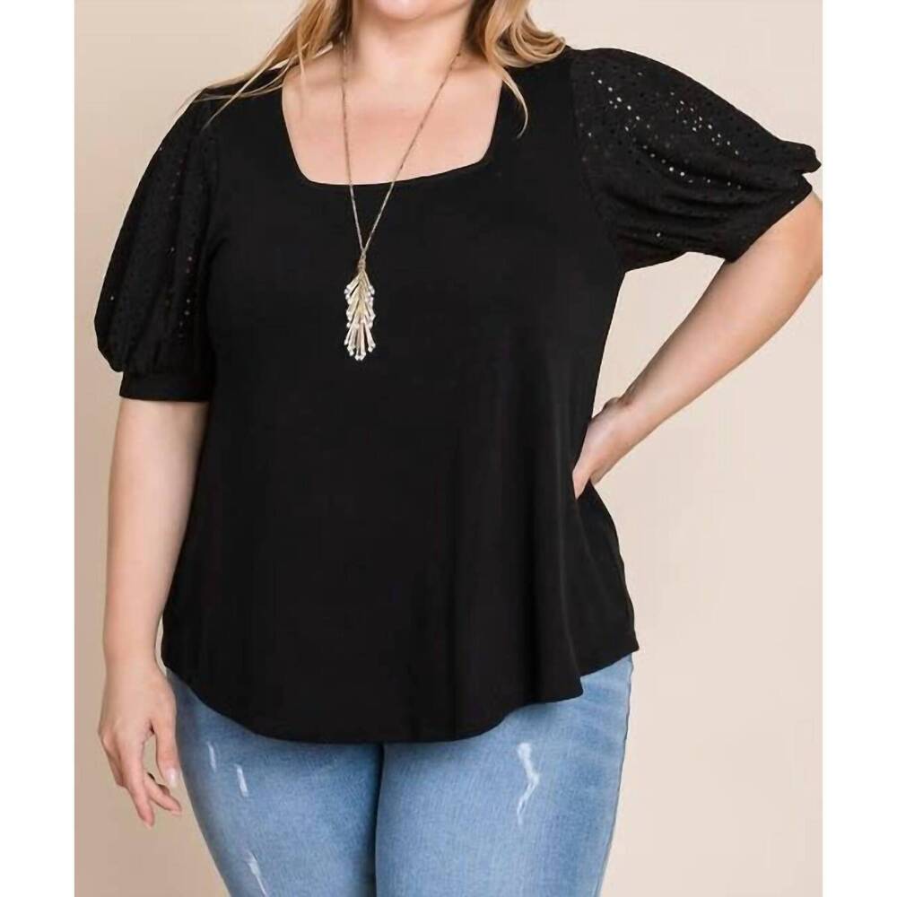 NEW EMERALD COLLECTION eyelet bubble sleeves solid knit top in black